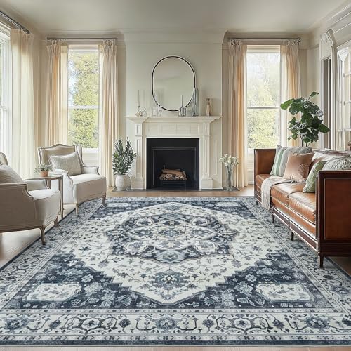 AMADA HOMEFURNISHING 8x10 Area Rug, Washable Low-Profile Large Area Rug with Non-Slip Backing & Durable Edge Binding, Vintage Large Rugs for Living Room, Bedroom - color: Navy/Blue, size: 8' x 10' (Rectangular)
