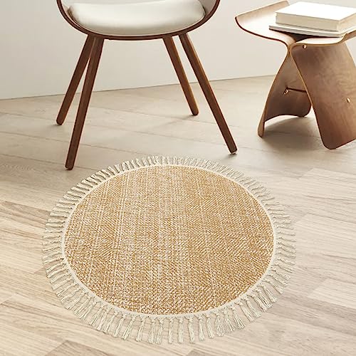 Collive Hand Woven Round Area Rug Soft Cotton Machine Washable Carpet 3ft Farmhouse Rugs with Tassels, Tan/Cream Circle Rugs for Bedroom Living Room Dining Room Table Office - color: Tan/Cream, size: 3' (Round)