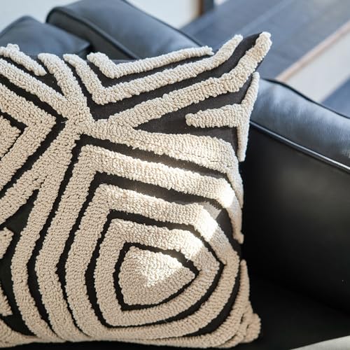 Retro Random Embroidery Stripe Throw Pillow Cover，Black White Boho Abstract Tufted Decorative Pillow Case，Neutral Aesthetic Modern Woven Sham for Bed Couch Living Room, 18x18 inches,1PCs - color: Black-a
