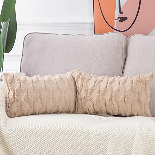 MADIZZ Set of 2 Soft Polyester Short Wool Velvet Decorative Throw Pillow Covers 12x20 inch Khaki Rectangular Luxury Style Cushion Cases Pillow Shell for Sofa Bedroom - color: Khaki, size: 20" x 12" (Pack of 2)