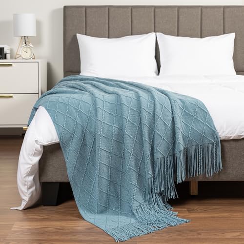 PAVILIA Dusty Blue Knit Throw Blanket for Couch, Twin Bed, Soft Knitted Farmhouse Sofa Throw for Living Room, Lightweight Decorative Summer Blanket for Chair, Outdoor Textured Boho Blanket, 60x80 - color: Dusty Blue, size: 60 X 80 Inches - Twin