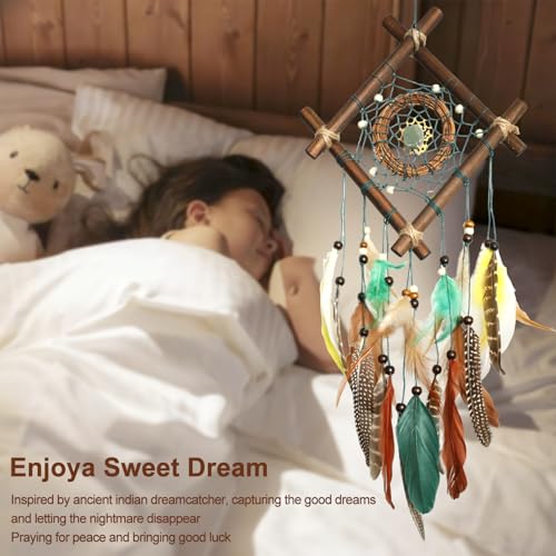 Dream Catcher Native American Boho Dreamcatcher Rattan Wood Wall Decor, Handmade Natural Dream Catchers with Healing Crystal Stone Feathers Ornament Indian Decor for Bedroom Living Room - color: Brown Green Mix