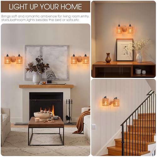 Bathroom Vanity Light Fixtures,2-Light Rattan Bathroom Lighting Fixtures Over Mirror,Farmhouse Wall Sconces Boho Woven Lampshade,Rustic Wall Mounted Wooden Base Wall Light for Bedroom Hallway Stairs - color: 2light-Cylinder shade