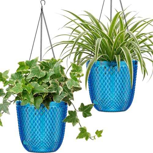 QCQHDU Hanging Planters for Indoor Plants, 2-Pack, 7.2 Inch, Klein Blue | Plastic, Self Watering Plant Hanger, with Drainage Holes, 3 Hooks Chains, For Garden Home - color: Klein Blue, size: 7.2in