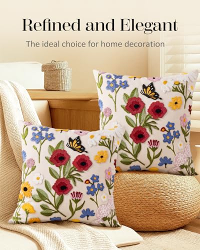 Embroidered Throw Pillow Covers 18x18 Inch - Set of 2 Summer Spring Boho Decorative Pillow Covers with Zipper for Living Room Couch Sofa Bed Aesthetic Design Retro Flower Cushion Pillowcases - color: Retro Flower, size: 18" x 18" (Pack of 2)