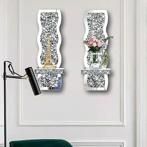 ZOLAPI Set of 2 Crystal Crush Diamond Candle Sconces, Gorgeous Silver Mirrored Wall Sconce, Wave Pattern Irregular Candle Holder Glass Wall Decorations for Home Décor, Living Room, Dining Room. - color: Silver Mirror ③