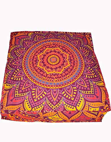 CRAFT KALA Mandala Floor Pillow Cushion Cover Seating Throw Cover Hippie Decorative Bohemian Ottoman Poufs Pom Pillow Cases Boho Indian Cotton Living Room Yoga Home Décor (24" Square New Orange Ombre) - color: New Orange Ombre, size: 24" x 24" (Pack of 1)