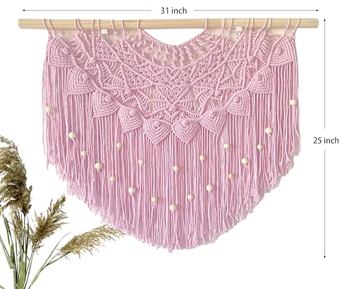 Youngeast Large Macrame Wall Hanging Boho Beaded Curtain for Window Macrame Bedroom Headboard Living Room Wall Art Tassel Tapestry Bohemian Woven Wall Decor 31" W X 25" H (Pink) - color: Pink