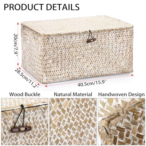 Hipiwe Wicker Woven Baskets Bin with Lid Natural Seagrass Basket Storage Bin Rectangular Household Basket for Shelf Wardrobe Home Decor, Whitewash, X-Large - color: Whitewash, size: X-Large