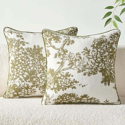 Floral 18x18 Throw Pillow Covers Set of 2, French Vintage Woven Jacquard Decorative Accent Pillow Cases for Couch, 430GSM Thick Chenille & Luxury Velvet, Olive Green - color: Tree Pattern Olive Green, size: 18" x 18" (Pack of 2)