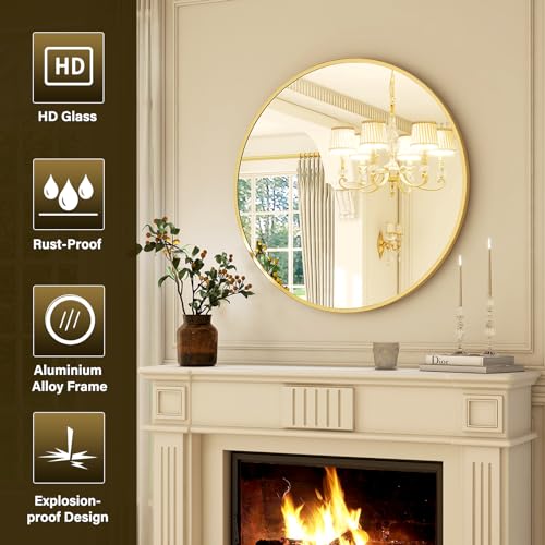 XRAMFY 24 Inch Round Mirror - Circle Mirrors for Bathroom, Entryway and Living Room Wall Decor, Modern Hanging Vanity Mirror, Matte Gold Circle Decorative Wall Mirror - color: Round-gold, size: 24"L x 24"W