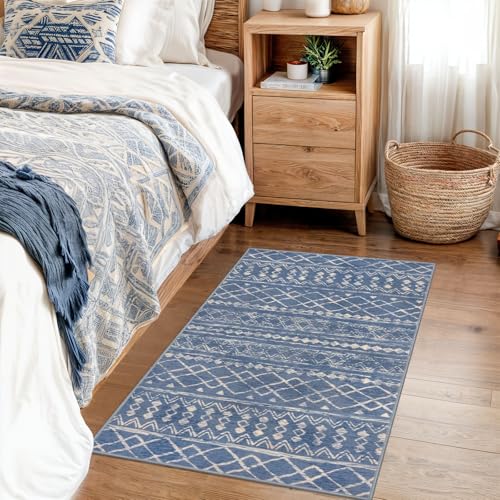KUTA Moroccan Boho Entryway Rug, 2x3 Blue Beige Entrance Small Area Rug Non-Slip Washable, Ultra Soft Vintage Geometric Low-Pile Indoor Door Mat Floor Carpet for Kitchen - color: Blue Beige, size: 2' x 3' (Rectangular)