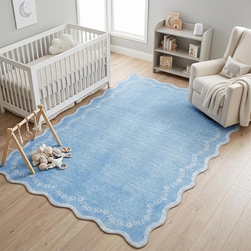 GarveeHome 4x6 Blue Scalloped Washable Area Rug for Nursery Room, Solid Floral Soft Bedroom Rug Non Slip Low Pile Small Carpet Stain Resistant Throw Rug for Dorm Kids Room Office Dining Room - color: Baby Blue, size: 4' x 6' (Rectangular)