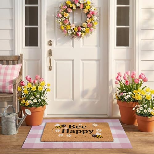 Bee Happy Layered Doormat Set, Spring Door Mat with Printed Coir Welcome Mat and Plaid Layering Rug, Farmhouse Front Door Entryway Decorative Porch Mat (Pink, 2'4" x 3'7") - color: Pink, size: 3'7" x 2'4" (Rectangular)