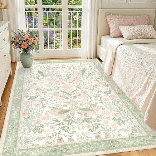 Green Rug 3'x5',Washable Area Rugs for Bedroom Living Room Entryway Bedside,Small Boho Farmhouse Bohemian Botanical Distressed Oriental Non Slip Carpet,Sage Floral Bird - color: Green Floral Bird, size: 3'x5'