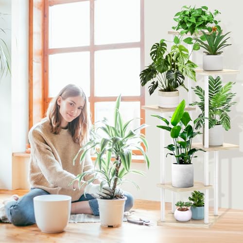 6 Tier Plant Stand Indoor, Thickened Metal Wood Corner Plant Shelf Stands for Multiple Plants, Indoor Tall Plants Stand Tiered Flower Holder for Living Room Patio Garden Balcony(White+Oak) - color: White+Oak, size: 6 Tier