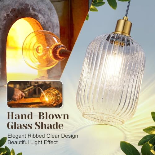 2 Pack Pendant Lights with Vintage Clear Ribbed Glass Lampshade, Adjustable Brushed Gold Pendant Lights Fixtures for Kitchen Island Lighting Sink, Dining & Living Room Hallway (Bulbs Not Included) - color: 2 Pack Brushed Gold + Clear Glass