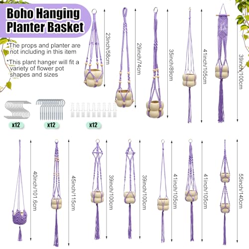 Hoteam 12 Pcs Macrame Plant Hangers Macrame Hanging Planters for Indoor Plants Handmade Boho Hanging Baskets Flower Pots Holder for Outdoor Home Wall Decor - color: Purple