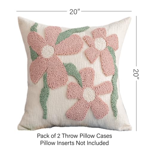 Summer Floral Throw Pillow Covers 20x20 Inch Set of 2, Chenille Embroidered Pillowcase with 3D Tufted Pink Flowers Sage Green Leaves, Boho Decorative Cushion Covers for Couch Sofa Bed - color: Pink, size: 20" x 20" (Pack of 2)
