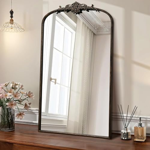 Besdomus Vintage Black Arched Mirror: 24"x42" French Large Arch Antique Wall Mounted Mirror - Traditional Ornate Home Decor for Living Room/Entryway/Fireplace/Bathroom - Ideal for Bathroom Remodeling - color: Black, size: 42"L x 24"W