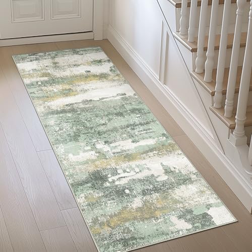 BEIMO Runner Rug for Hallway Kitchen, 2x10 Machine Washable Runners Rug for Entryway, Light Green Soft Modern Abstract Throw Rugs, Low Pile Floor Carpet with Non Slip Backing - color: Light Green/Cream, size: 2' x 10' (Rectangular)