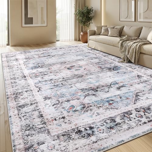 Area Rugs 9x12 for Living Room - Machine Washable Soft Large Rugs for Bedroom - Vintage Stain Resistant Non Slip Low Pile Carpet for Dinning Room Farmhouse Kis Room Home Office - color: Light Blue/Light Ivory/Beige, size: 9' x 12' (Rectangular)