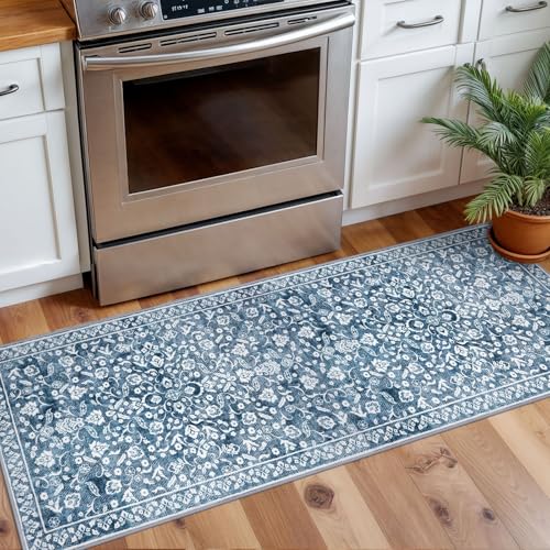 Vintage Washable 2x5 Rug, Blue and White Hallway Runner, Super Soft Non-Slip Kitchen Runner, Print Faux Wool Floral Thin Carpet for Entryway & Bedside - color: Light Denim Blue and White, size: 2' x 5' (Runner)