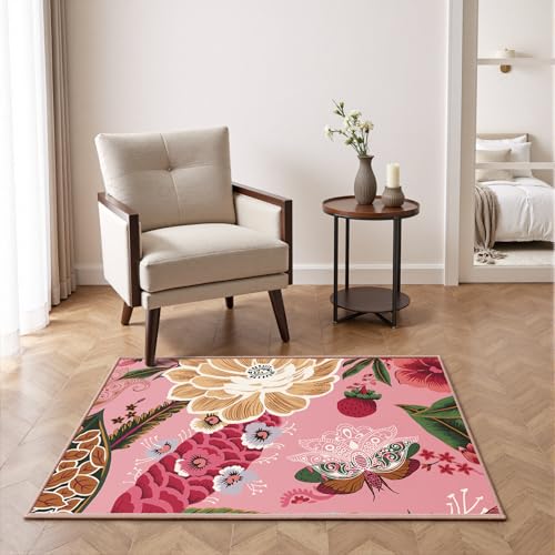 Tyrot Pink Boho Floral 2x3 Washable Kitchen & Entryway Rug Ultra-Thin Flat Woven Low-Pile Botanical Butterfly Area Rug Non-Slip Indoor Door Mat for Bathroom Bedroom - color: Boho Rose, size: 2' x 3' (Rectangular)