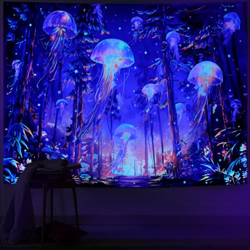 Racunbula Blacklight Forest Jellyfish Tapestry UV Reactive Nature Tree Tapestry Trippy Fantasy Starry Sky Tapestries Aesthetic Jungle Plants Tapestries Wall Hanging for Bedroom - color: Fantasy Forest, size: 59.1"L x 51.2"W