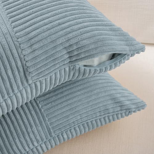 Fancy Homi Set of 2 Light Blue Samll Decorative Throw Pillow Covers 12x12 Inch with for Couch Bed Sofa Living Room, Soft Cross Patchwork Striped Corduroy Coastal Blue Square Cushion Case 30 cm - color: Light Blue, size: 12" x 12" (Pack of 2)