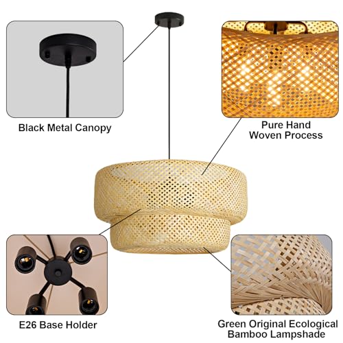 23.65” Farmhouse Bamboo Chandelier 4-Lights Large Hand-Woven Rattan Pendant Light Boho Bamboo Dining Room Lights Fixtures for Bedroom Living Room Restaurant Cafe Kitchen Island - color: Beige-23.65IN