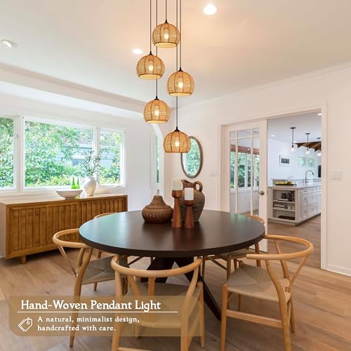 5-Light Woven Foyer Chandeliers for High Ceiling,5 Dome Boho Rattan Pendant Light Farmhouse Wicker Ceiling Light,rustic Hemp rope Light Fixture For Living Room Hallway Staircase Entryway(Bulb Incl. - color: 14" Natural 5-Light
