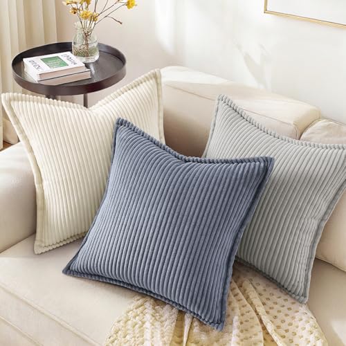 decorUhome Summer Corduroy Blue Grey Euro Sham Throw Pillow Covers 24x24 Set of 2 Decorative Soft Boho Farmhouse Couch Pillow Covers for Living Room Bed Sofa Broadside Striped Pillow Cases - color: Blue Grey, size: 24" x 24" (Pack of 2)