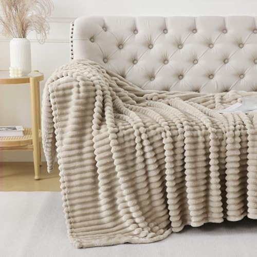 Khaki Throw Blanket for Couch Sofa 60x80 inches Striped Fleece Blankets Room Home Decor Lightweight Plush Soft Cozy Gifts for Women Mom Girls - color: Khaki, size: Twin(60"x80")