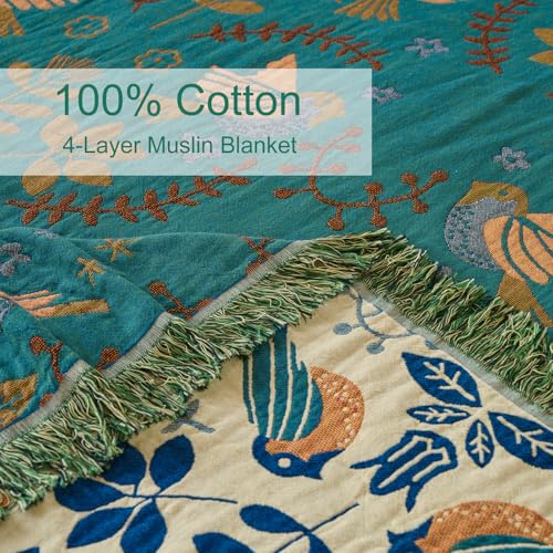 Boho Throw Blanket, Patterned Bohemian Blanket 100% Soft Cotton Woven Boho Quilt, Reversible Throw Blankets for Couch Bed, Decorative Lightweight Blanket for All Seasons (Spring Blue, Twin 60"x80") - size: Twin 60"x80"
