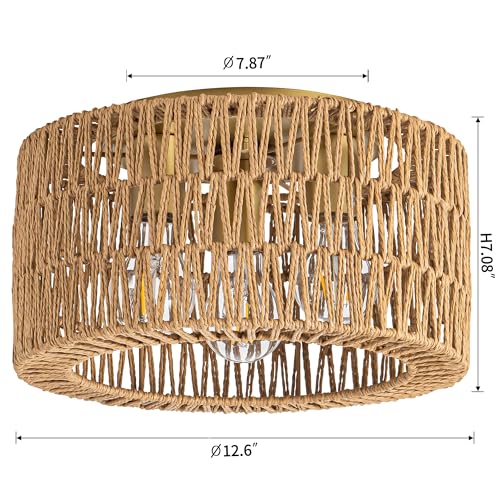 Rattan Ceiling Light Fixture, 3 Light Bohemian Modern Woven Ceiling Light, Boho Flush Mount Ceiling Light for Bedroom Living Room Dining Room, Bulb NOT Included - color: Gold, size: 3-Light-Round