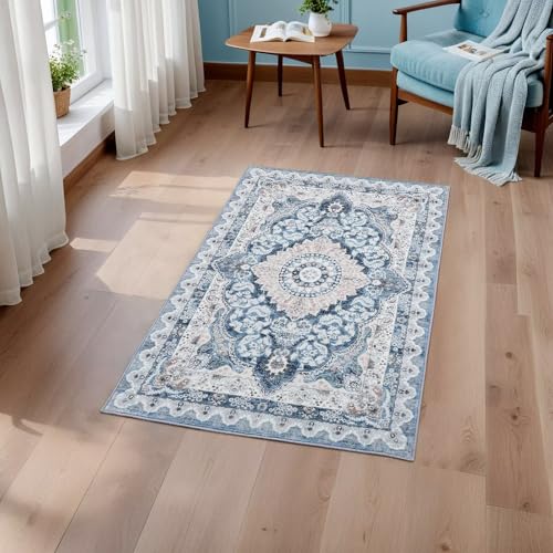Macgace 2x3 Small Area Rug for Entryway, Soft Washable Rugs with Non-Slip Backing for Bedroom Kitchen, Vintage Throw Carpet Laundry Entry Door Decor, Blue & Beige - color: Blue & Beige, size: 2' x 3' (Rectangular)