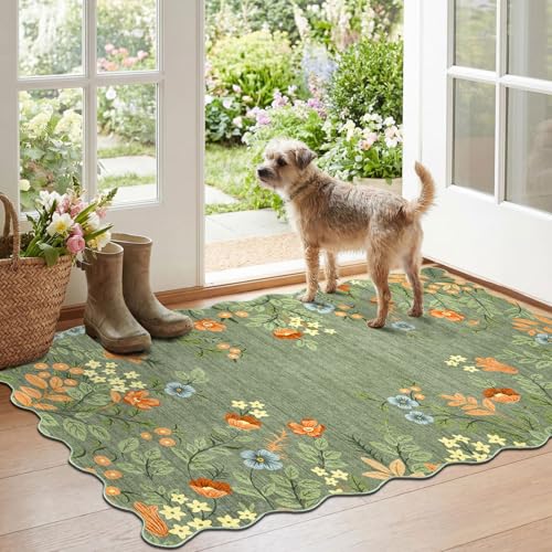 Floral Outdoor Rug - 28" x 43" Front Door Mat Indoor Outside Entrance Non-Slip Washable Outdoor Mat Sage Green Boho Flower Rug for Entryway Kitchen Bedroom Layered Doormat for Front Porch - color: Floral - Green, size: 2'4" x 3'7" (Rectangular)