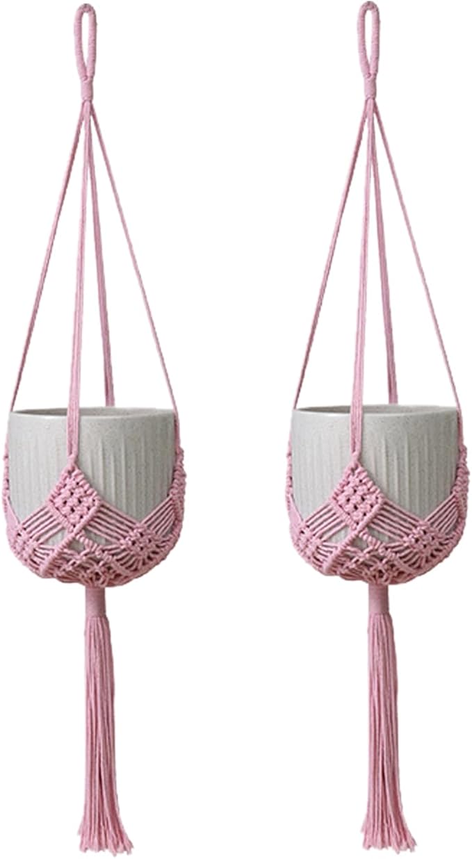 2 Pack Macrame Hanging Planters with Patterns - Stylish Plant Hangers Crochet Boho Plant Holder Hanging Plant Basket for Up to 6 Inch Pots(Pink)
