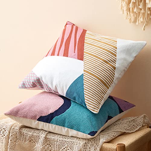 vctops Boho Geometric Tufted Decorative Throw Pillow Cover Farmhouse Cotton Embroidery Accent Square Cushion Case for Couch Sofa Bed (EmbroideryM, 18"x18") - color: Embroiderym, size: 18" x 18" (Pack of 1)