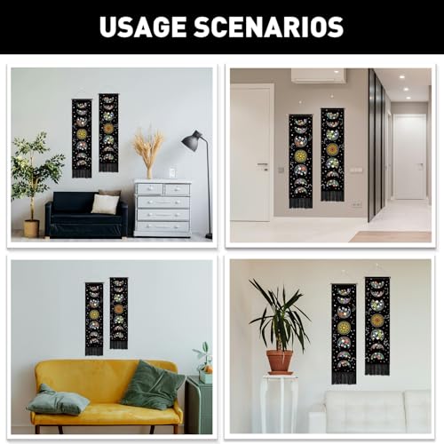 PLIGREAT 2 Pack Floral Moon Tapestry with Tassels, 52" x 13" Moon Phase Aesthetic Wall Hanging Vertical Home Art Tapestry for Bedroom Living Room Bathroom Long Narrow Wall Hanging Art Decor - color: black,green