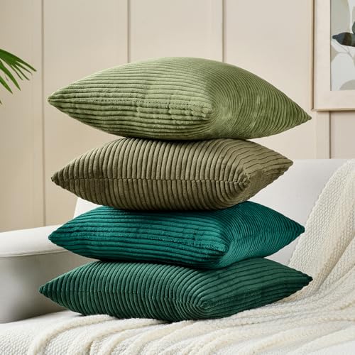 Volcanics Set of 4 Dark Green Corduroy Decorative Couch Throw Pillow Covers 18x18 Inch, Soft Modern Boho Striped Accent Cushion Cases for Home Sofa, Rustic Home Decor - color: Dkgreen, size: 18" x 18" (Pack of 4)