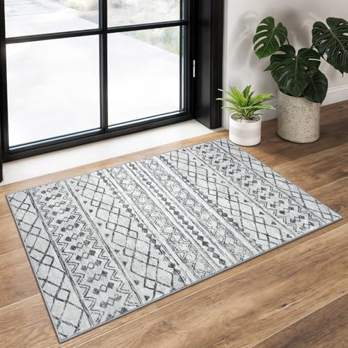 KUTA Washable Non-Slip Rugs for Entryway 2x3, Grey Moroccan Boho Small Area Rug, Ultra Soft Vintage Geometric Low-Pile Indoor Door Mat Floor Carpet for Indoor, Entrance, Kitchen, Bathroom, Bedroom - color: Grey, size: 2' x 3' (Rectangular)
