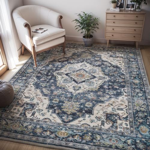 AMOAMI-4X6 Area Rugs for Living Room -Soft Vintage Bedroom Rugs-Non Slip Washable Rug-Throw for Living Room Bedroom Bedside Dining Room Office Blue - color: Blue, size: 4' X 6' (Rectangular)