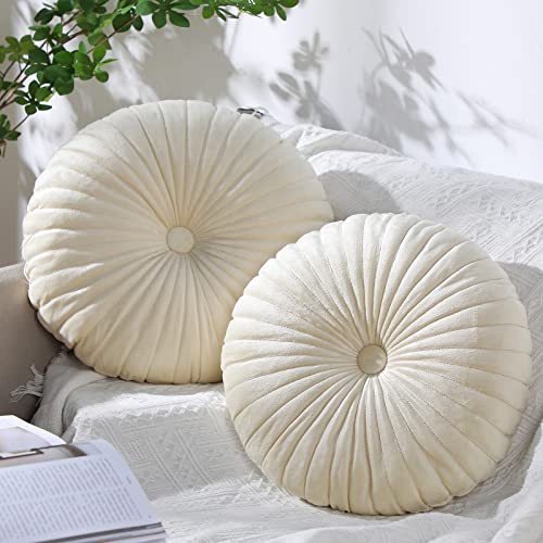 Namalu 2 Pcs Round Throw Pillow 13.8 Inch Decorative Round Velvet Floor Pillows Pumpkin Throw Pillows with Center Button for Thanksgiving Home Decor Living Room Sofa Couch Bed Chair (Cream) - color: Cream