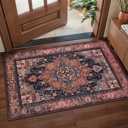 Tangsoo 2x3 Washable Rug for Entryway, Vintage Non Slip Small Area Rug, Indoor Front Door Rug, Print Door Mat Small Carpet, Soft Low Pile Rugs for Entrance Kitchen Bedroom Home Decor - color: Rust Red/Multi, size: 2' X 3' (Rectangular)