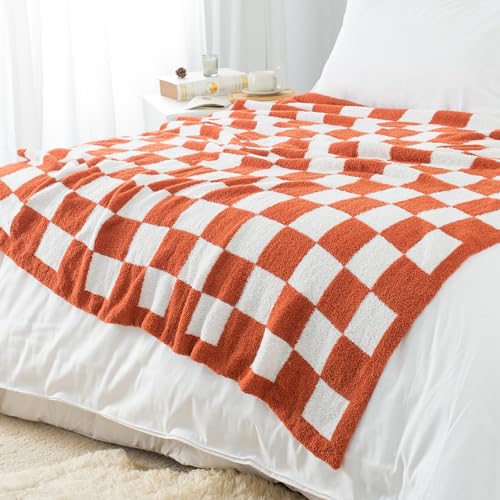 Carriediosa Checkered Throw Blanket 60" X 80" Twin, 400GSM Ultra Soft Microfiber Fuzzy Fluffy Reversible Cute Preppy Knitted Blankets Cozy Plush Fall Throws for Couch, Bed, Sofa, Rust - color: Check - Rust, size: 60" X 80"