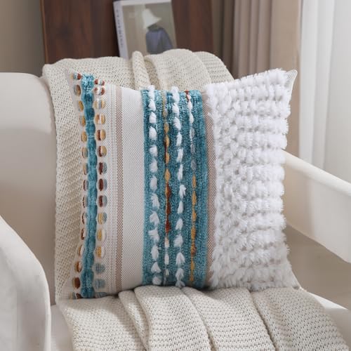 Boho Throw pillow covers 18x18 set of 2 farmhouse decorative Couch pillow covers neutral Accent throw pillows covers striped outdoor cushion covers square textured chenille pillow cases for sofa bed - color: Z New Teal