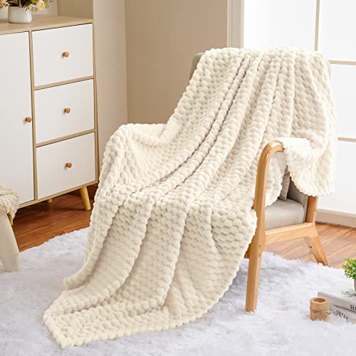 Vessia Flannel Fleece Throw Blanket(50x70 inch), 3D Jacquard Cream Fuzzy and Warm Blanket for Couch,Sofa,Bed,Chair, 300GSM Super Soft Touch Cozy Lightweight Throw for All-Season Home Decor - color: Cream-3d, size: 50x70 inch