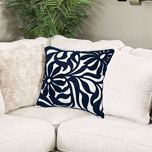 Alysheer Farmhouse Floral Leaves Embroidered Decorative Throw Pillow Cover 18x18 inches, Boho Tufted Flowers Embroidery Pattern Chic Cotton Cushion Case for Couch Bed Sofa Living Room(Navy Blue) - color: Navy Floral, size: 18" x 18" (Pack of 1)